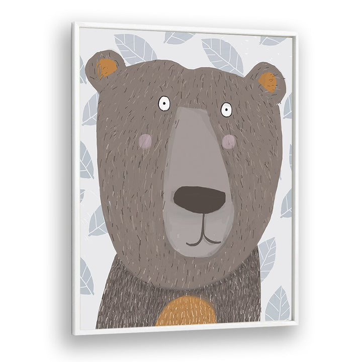 Cute Brown Bear With Grey Leaf Pattern By Carla Daly Kids Room Art in White Plain Frame