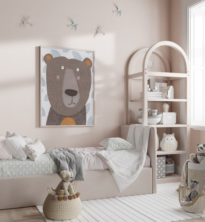 Cute Brown Bear With Grey Leaf Pattern By Carla Daly Kids Room Art  placed on wall