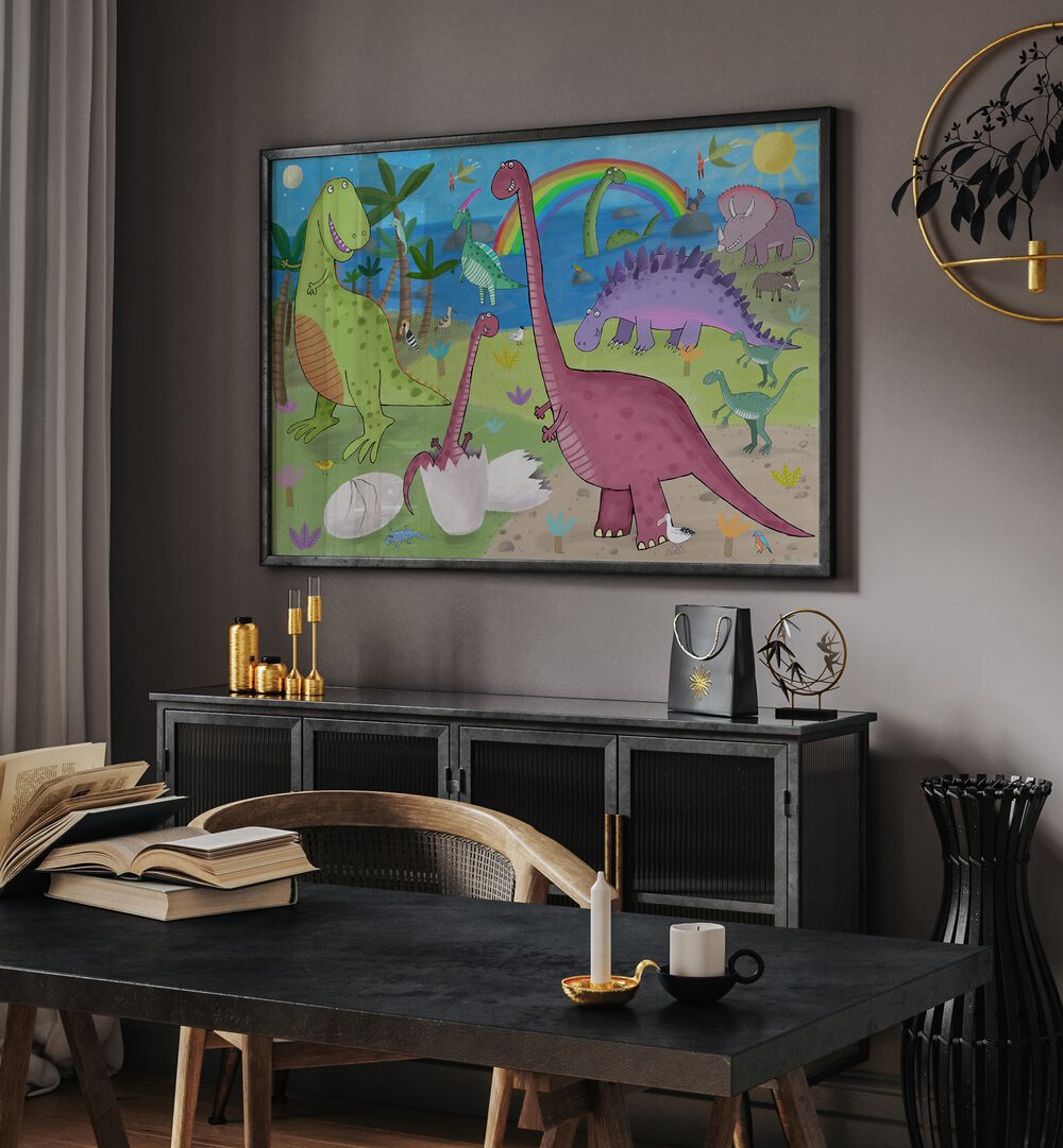 Cute Dinosaur In The Jurassic Park By Carla Daly Kids Room Art placed on wall