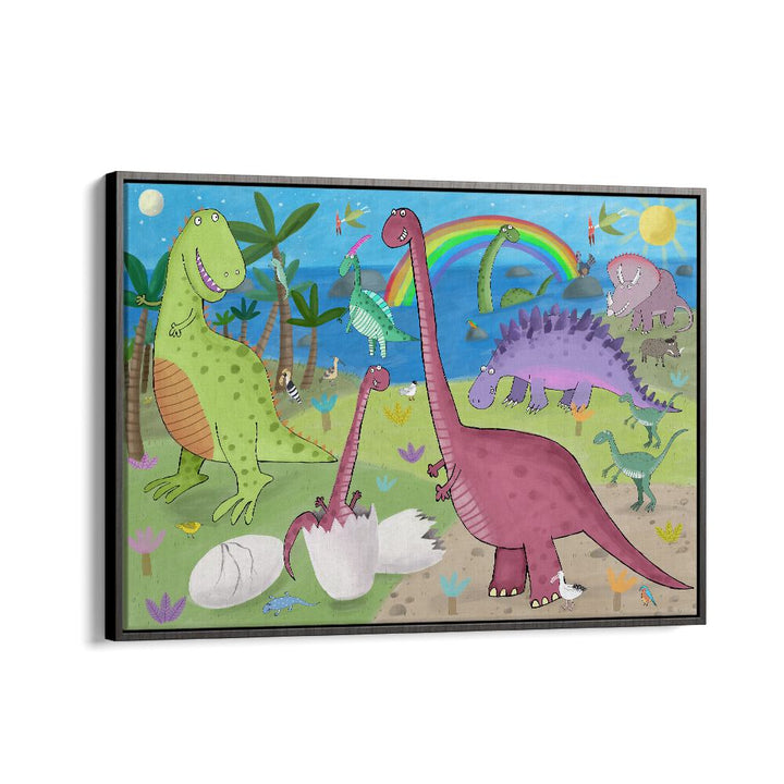 Cute Dinosaur In The Jurassic Park By Carla Daly Kids Room Art in Black Floater Frame