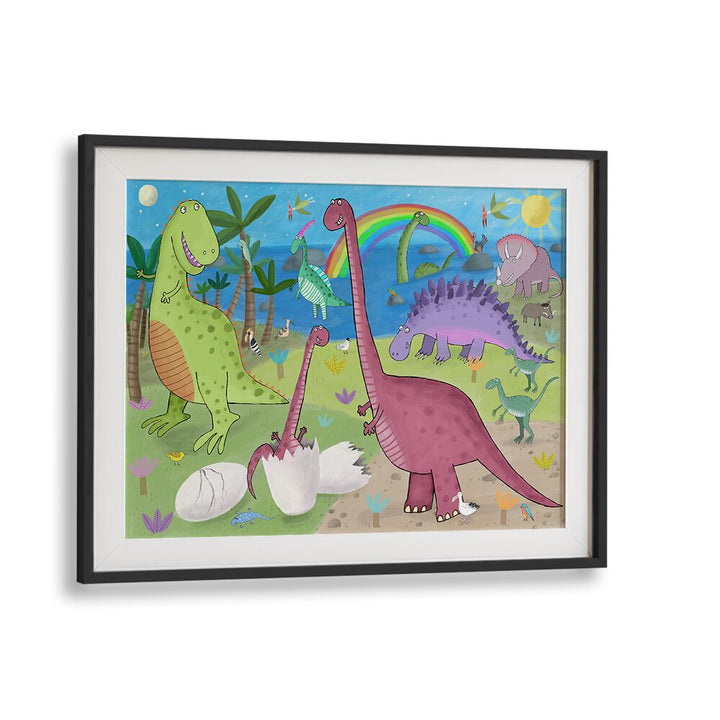 Cute Dinosaur In The Jurassic Park By Carla Daly Kids Room Art in Black Frame With Mount