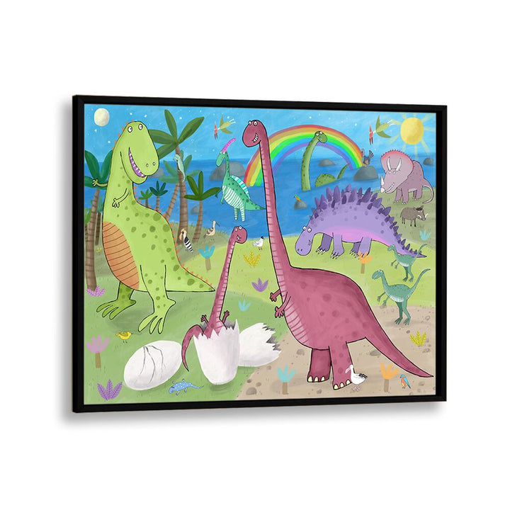 Cute Dinosaur In The Jurassic Park By Carla Daly Kids Room Art in Black Plain Frame