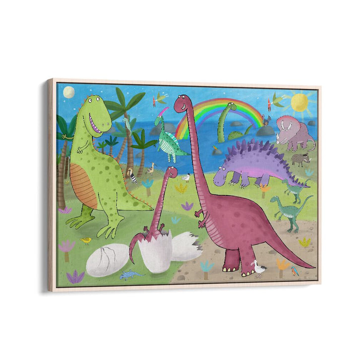 Cute Dinosaur In The Jurassic Park By Carla Daly Kids Room Art in Oak Wood Floater Frame