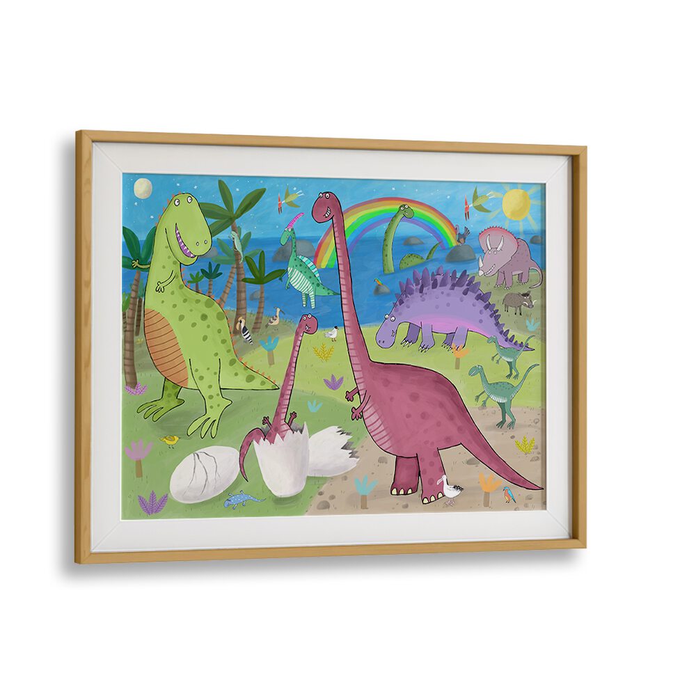 Cute Dinosaur In The Jurassic Park By Carla Daly Kids Room Art in Oak Wood Frame With Mount