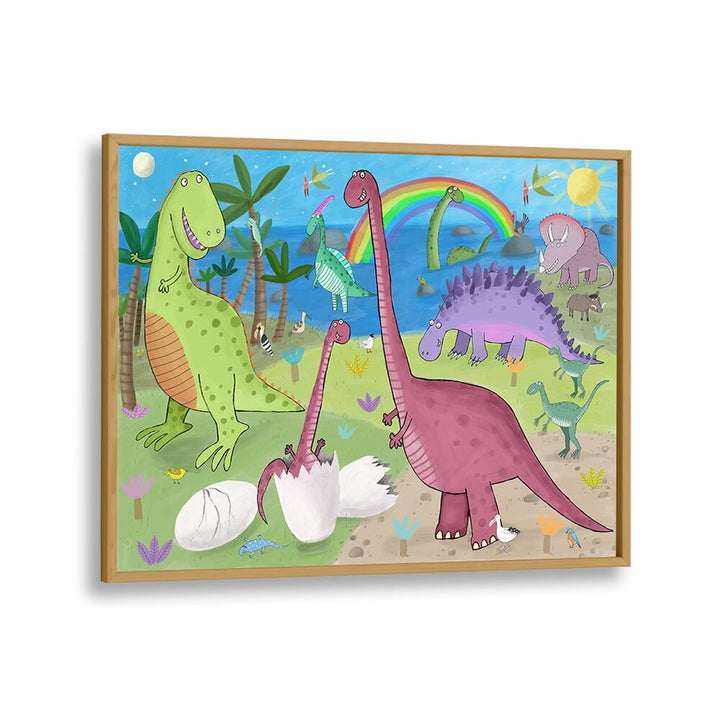 Cute Dinosaur In The Jurassic Park By Carla Daly Kids Room Art in Oak Wood Plain Frame