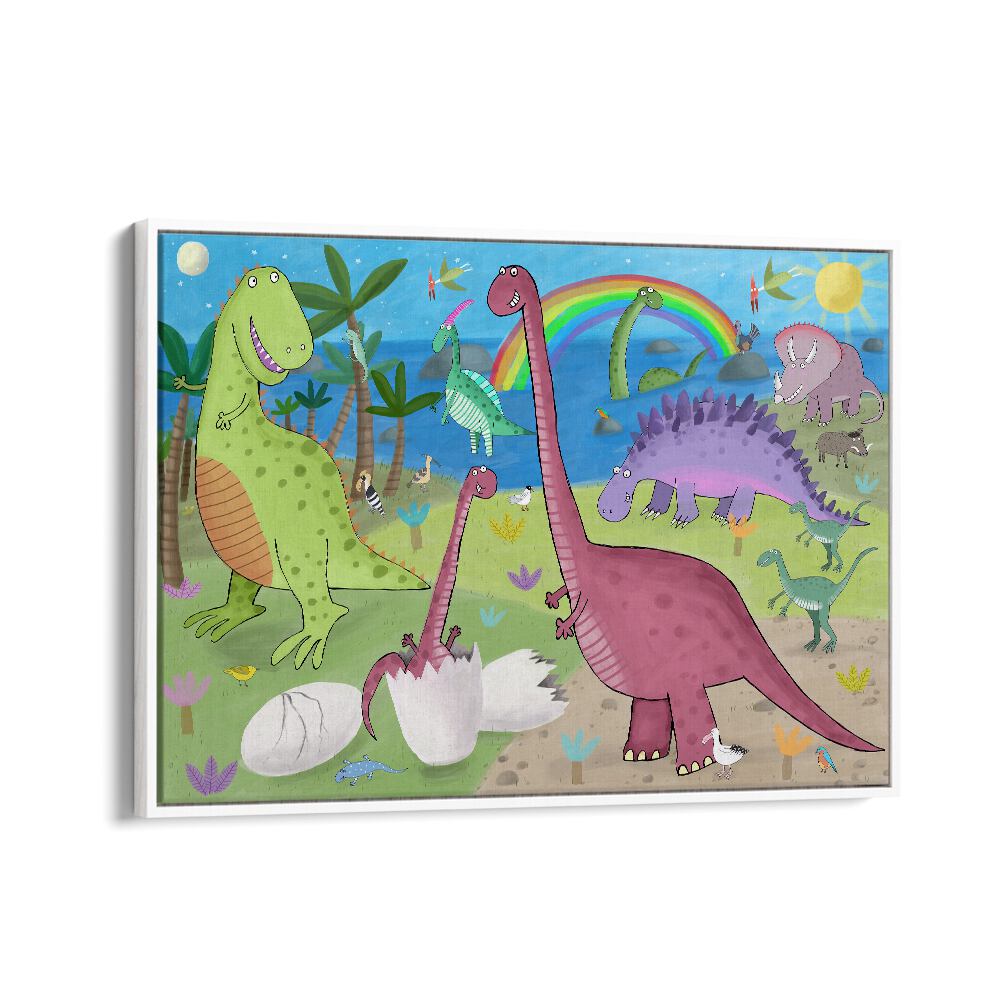 Cute Dinosaur In The Jurassic Park By Carla Daly Kids Room Art in White Floater Frame