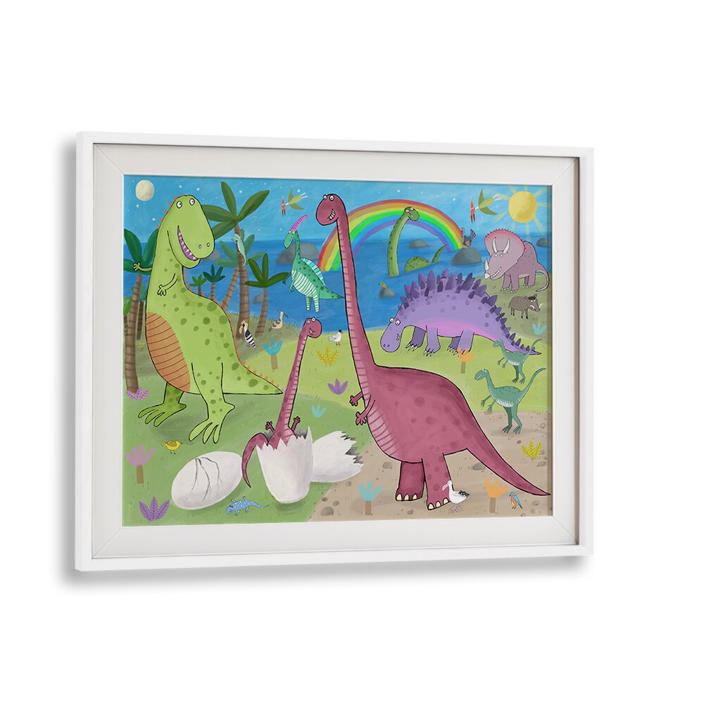 Cute Dinosaur In The Jurassic Park By Carla Daly Kids Room Art in White Frame With Mount