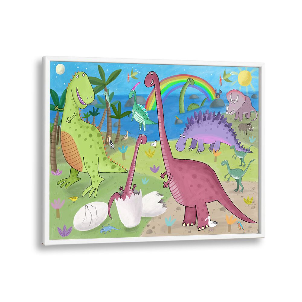 Cute Dinosaur In The Jurassic Park By Carla Daly Kids Room Art in White Plain Frame