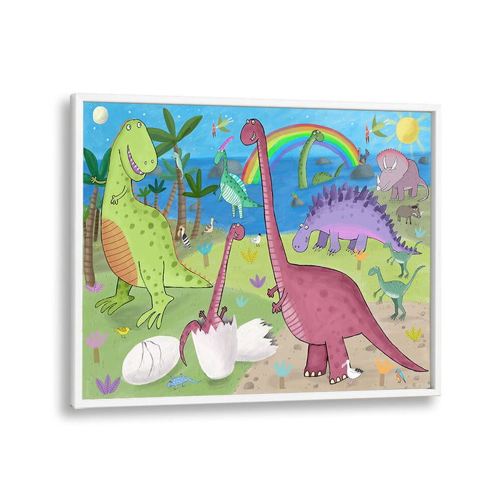 Cute Dinosaur In The Jurassic Park By Carla Daly Kids Room Art in White Plain Frame