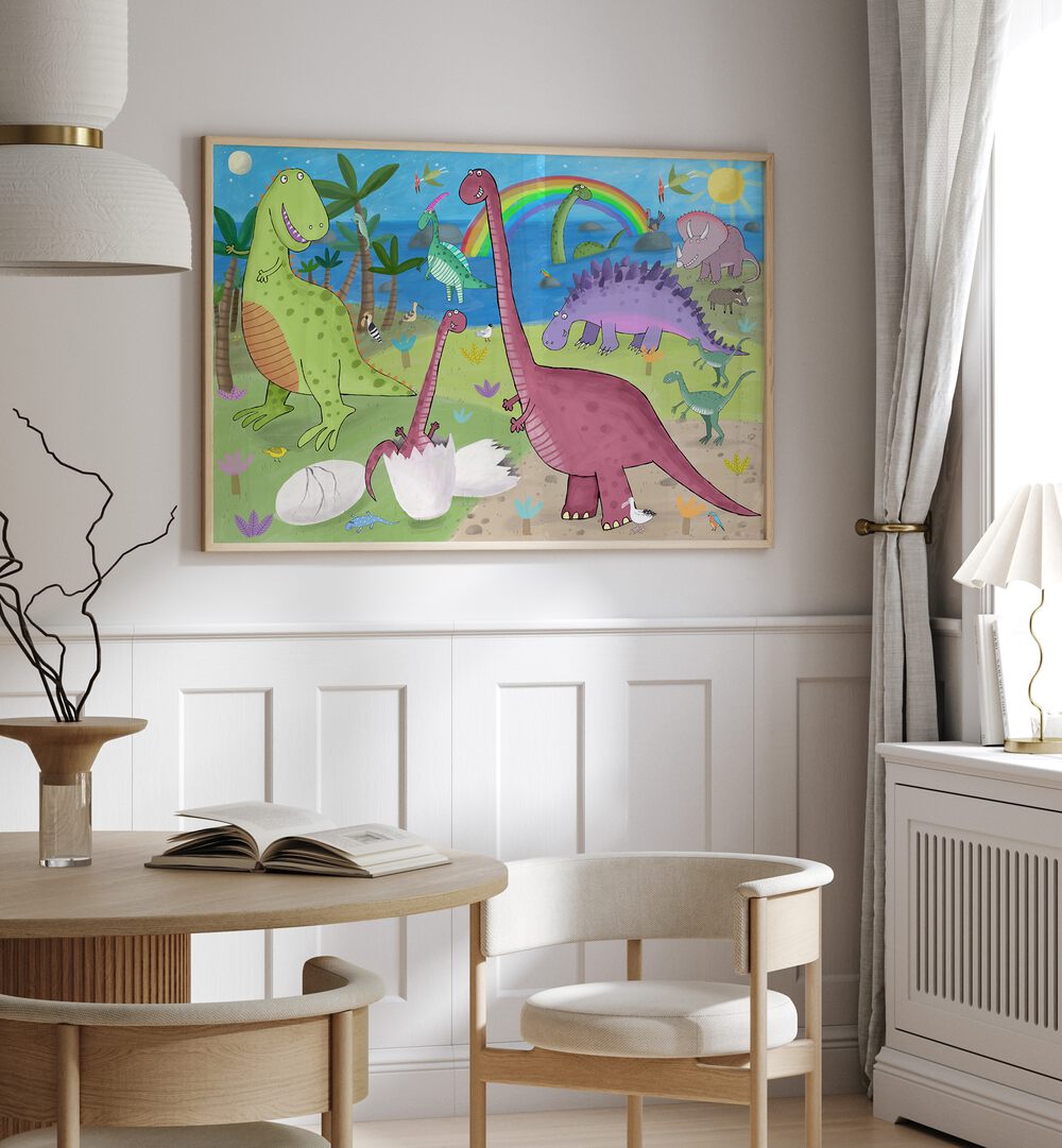 Cute Dinosaur In The Jurassic Park By Carla Daly Kids Room Art placed on wall