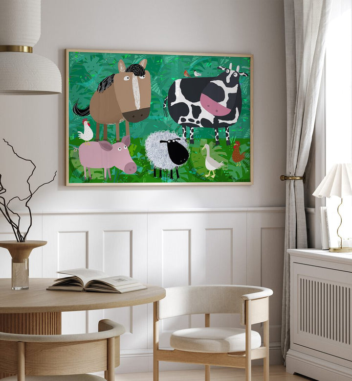 Cute Farm Animals Hanging Out In The Green Fields By Carla Daly Kids Room Art placed on a wall