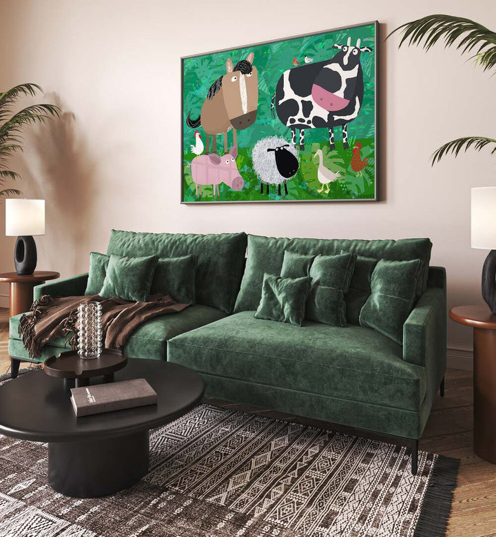 Cute Farm Animals Hanging Out In The Green Fields By Carla Daly Kids Room Art Placed on wall 