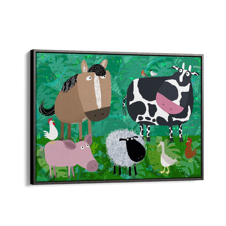 Cute Farm Animals Hanging Out In The Green Fields By Carla Daly Kids Room Art in Black Floater Frame