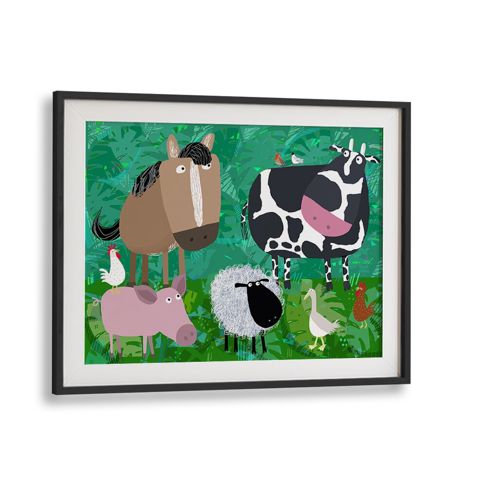 Cute Farm Animals Hanging Out In The Green Fields By Carla Daly Kids Room Art in Black Frame With Mount