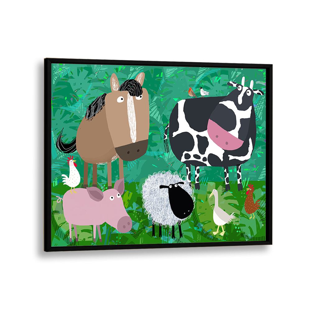 Cute Farm Animals Hanging Out In The Green Fields By Carla Daly Kids Room Art in Black Plain Frame