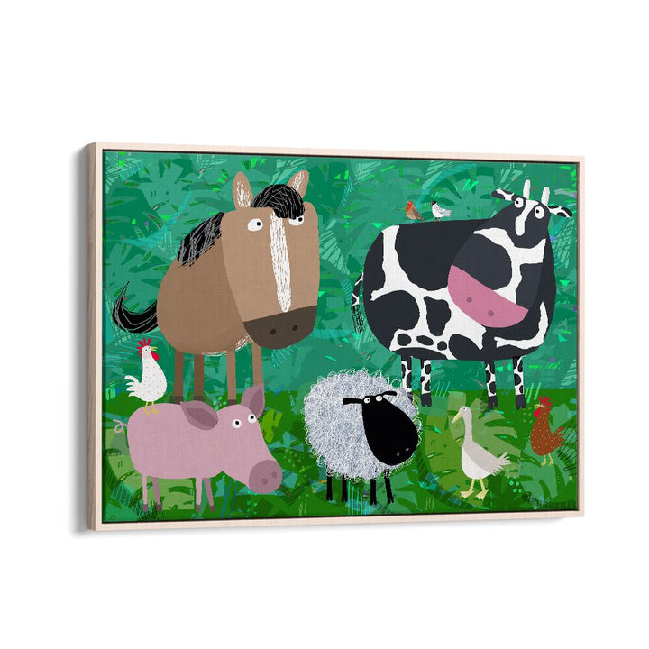 Cute Farm Animals Hanging Out In The Green Fields By Carla Daly Kids Room Art in Oak Wood Floater Frame