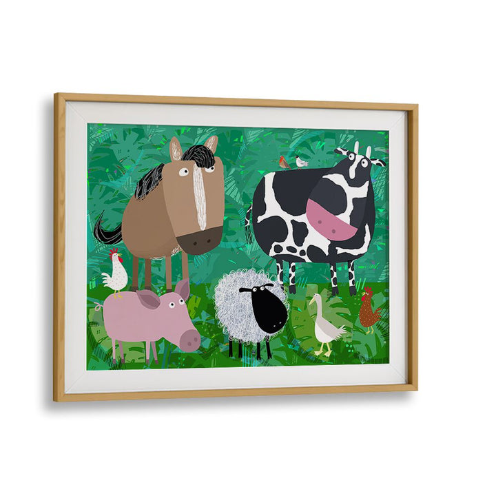 Cute Farm Animals Hanging Out In The Green Fields By Carla Daly Kids Room Art in Oak Wood Frame With Mount