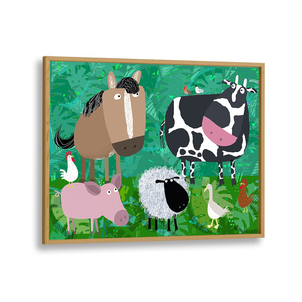 Cute Farm Animals Hanging Out In The Green Fields By Carla Daly Kids Room Art in Oak Wood Plain Frame