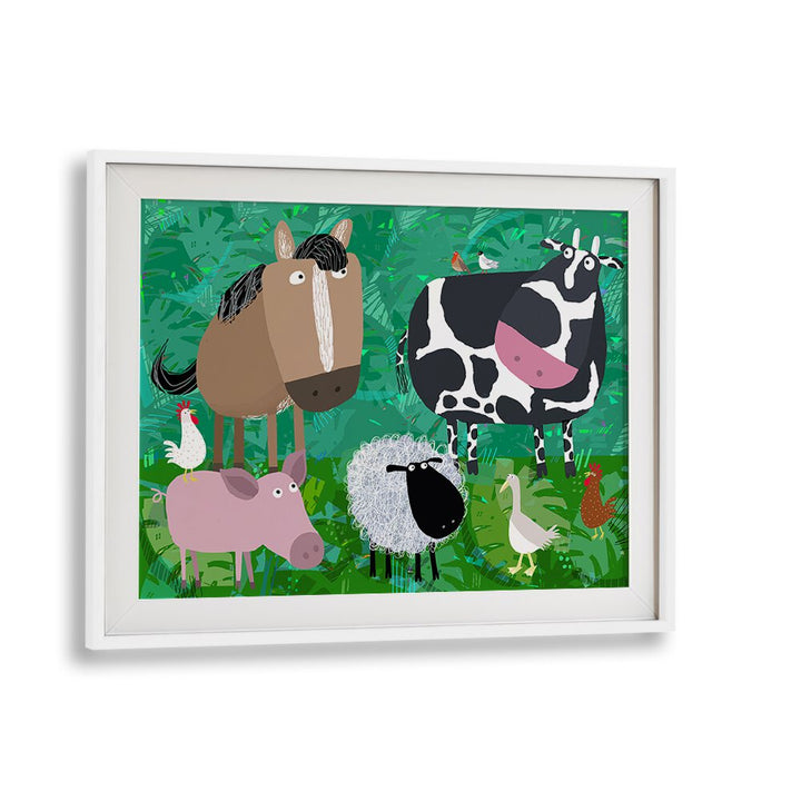 Cute Farm Animals Hanging Out In The Green Fields By Carla Daly Kids Room Art in White Frame With Mount