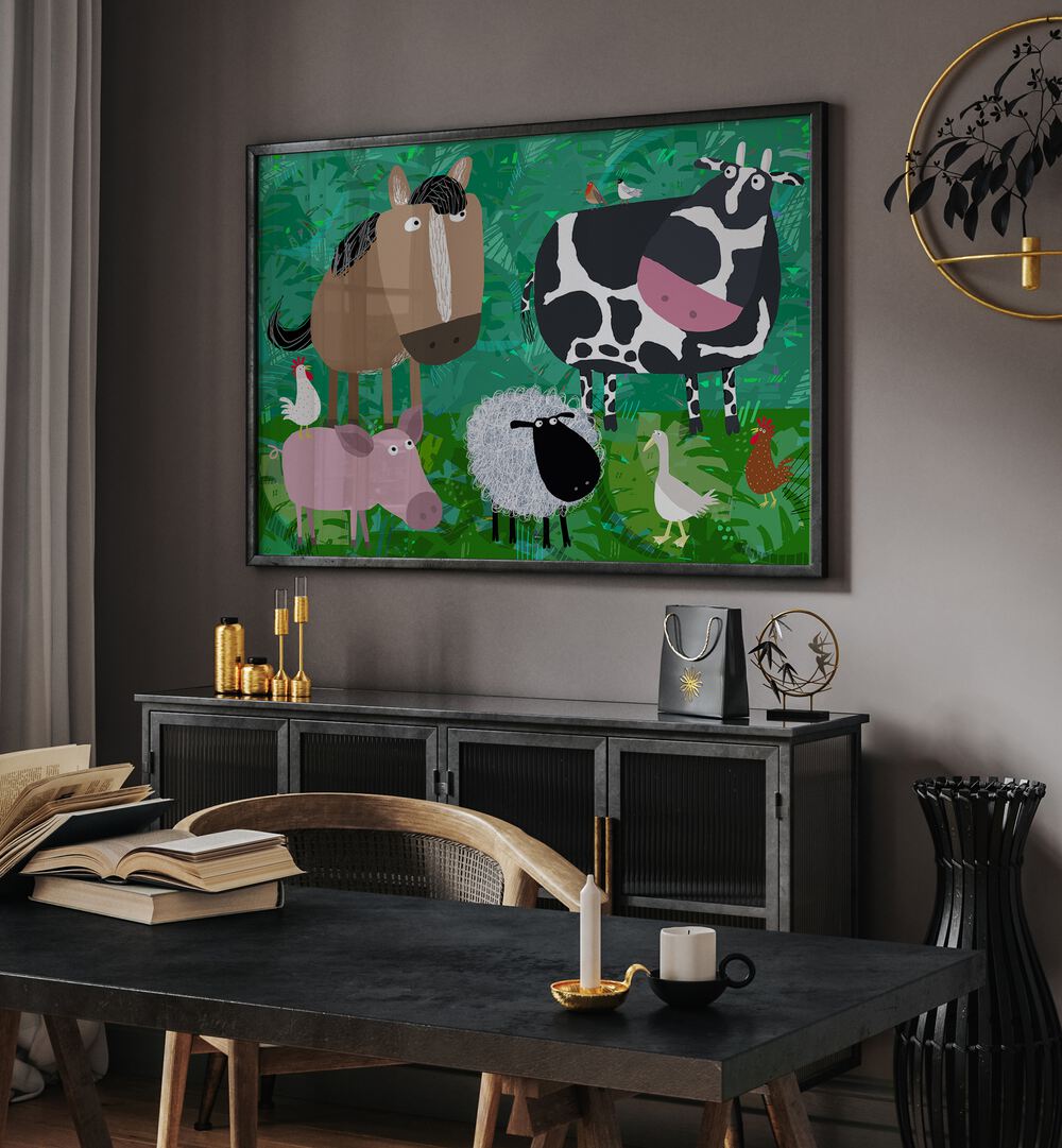 Cute Farm Animals Hanging Out In The Green Fields By Carla Daly Kids Room Art placed on a wall