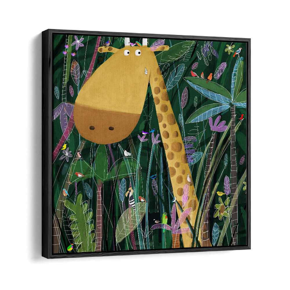 Cute Giraffe Peeks Out Of The Jungle By Carla Daly Kids Painting in Black Floater Frame