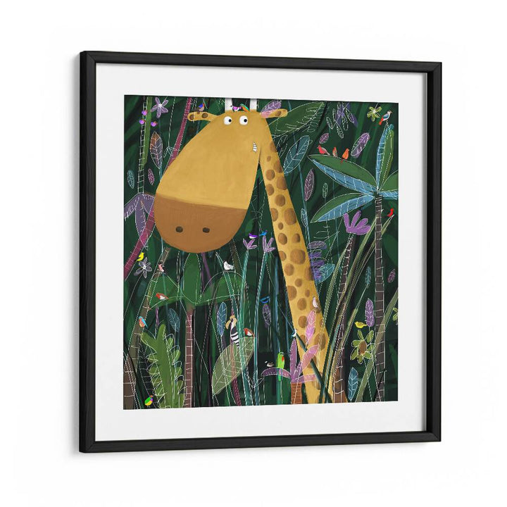 Cute Giraffe Peeks Out Of The Jungle By Carla Daly Kids Painting in Black Frame With Mount