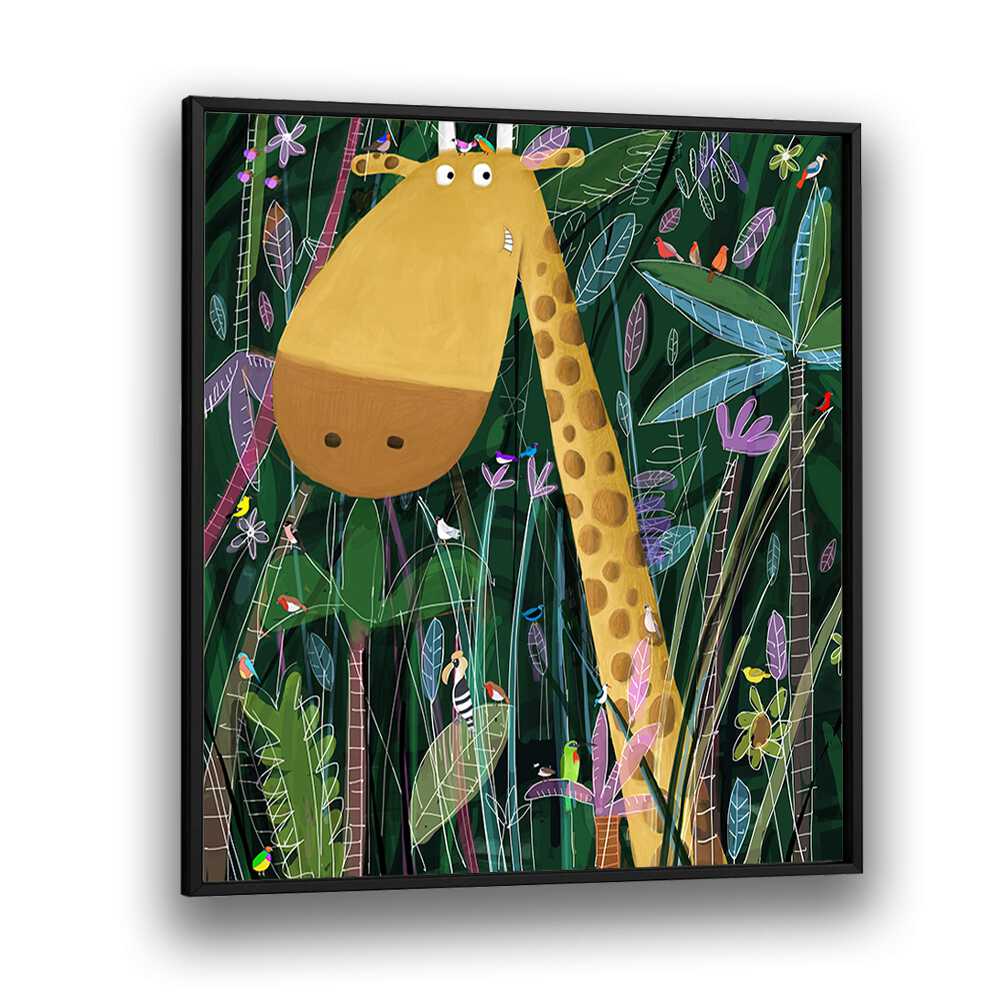 Cute Giraffe Peeks Out Of The Jungle By Carla Daly Kids Painting in Black Plain Frame