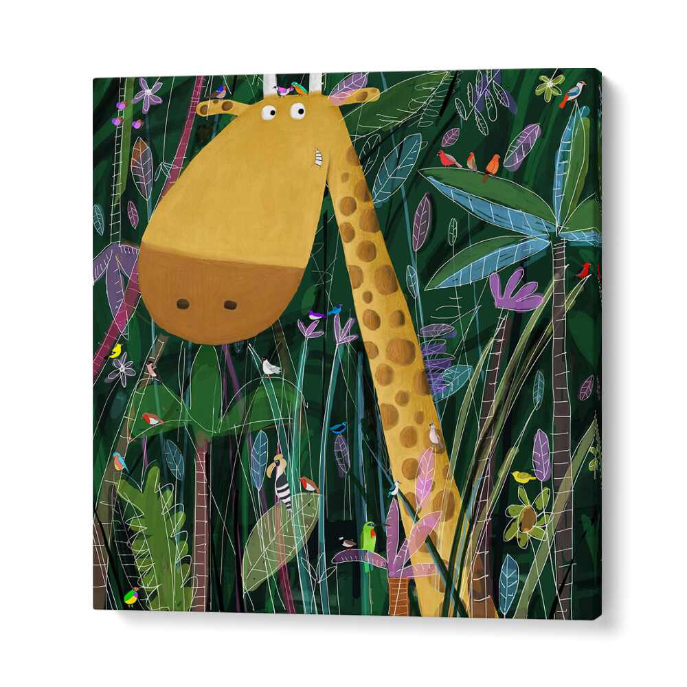 Cute Giraffe Peeks Out Of The Jungle By Carla Daly Kids Painting in Gallery Wrap