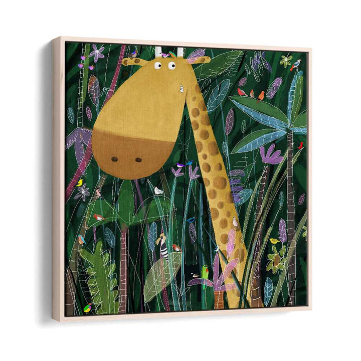 Cute Giraffe Peeks Out Of The Jungle By Carla Daly Kids Painting in Oak Wood Floater Frame