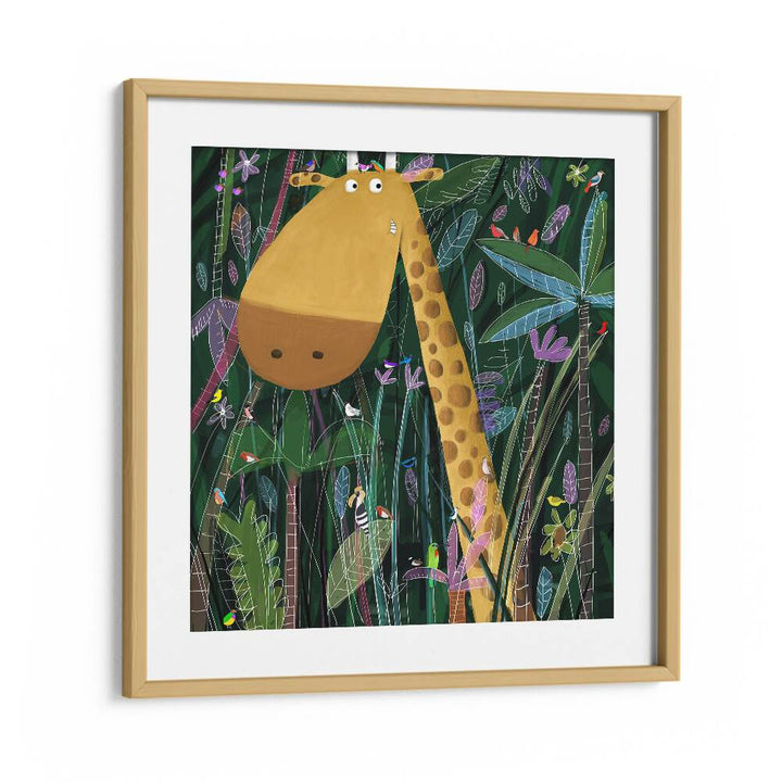 Cute Giraffe Peeks Out Of The Jungle By Carla Daly Kids Painting in Oak Wood Frame With Mount