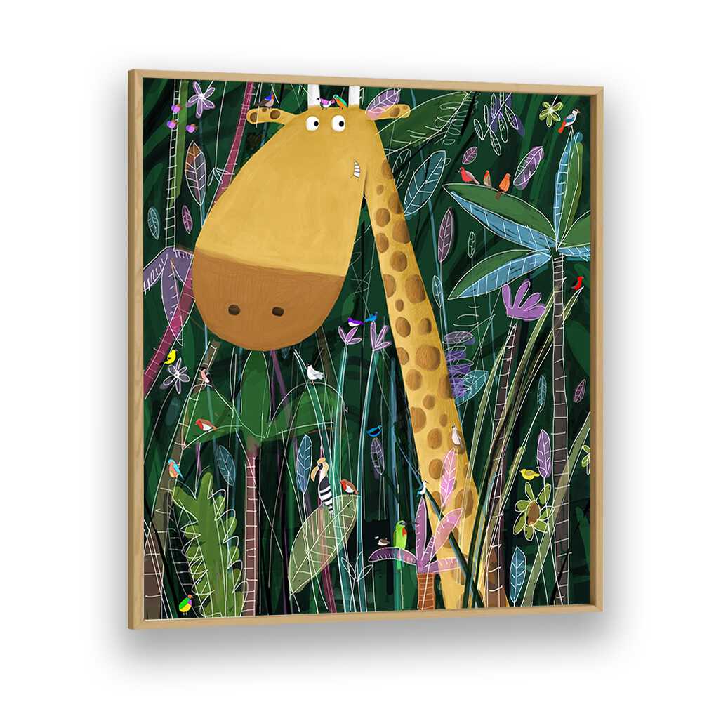 Cute Giraffe Peeks Out Of The Jungle By Carla Daly Kids Painting in Oak Wood Plain Frame