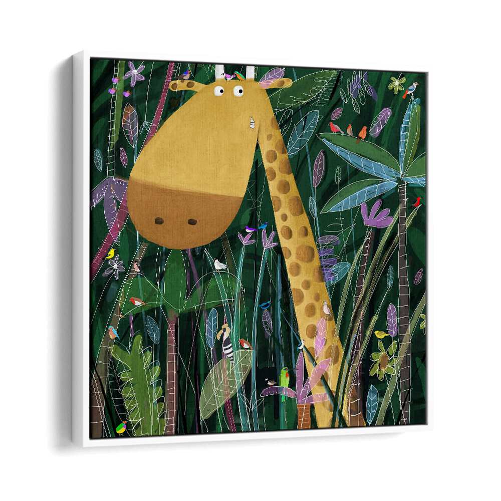 Cute Giraffe Peeks Out Of The Jungle By Carla Daly Kids Painting in White Floater Frame