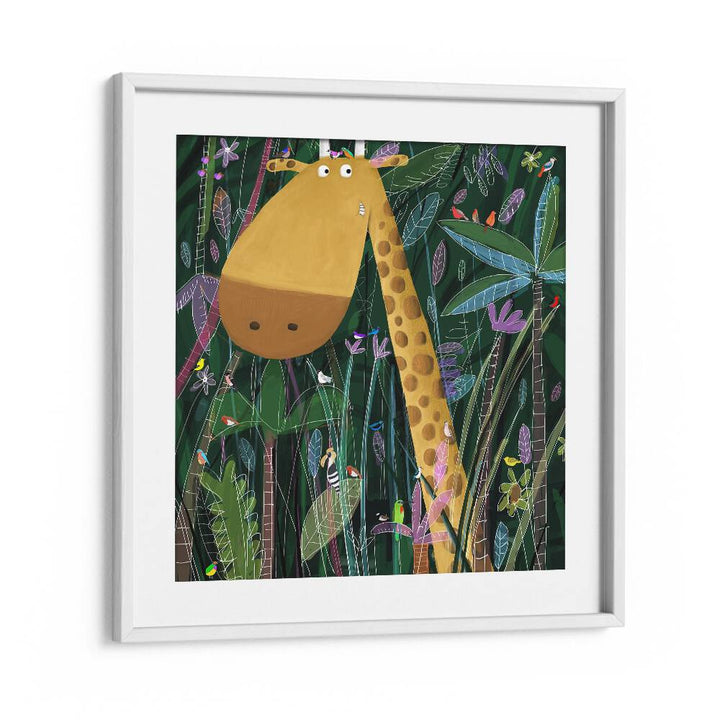 Cute Giraffe Peeks Out Of The Jungle By Carla Daly Kids Painting in White Frame With Mount