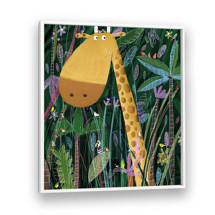 Cute Giraffe Peeks Out Of The Jungle By Carla Daly Kids Painting in White Plain Frame