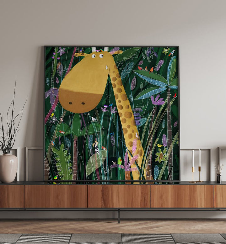 Cute Giraffe Peeks Out Of The Jungle By Carla Daly Kids Paintings placed on a wall