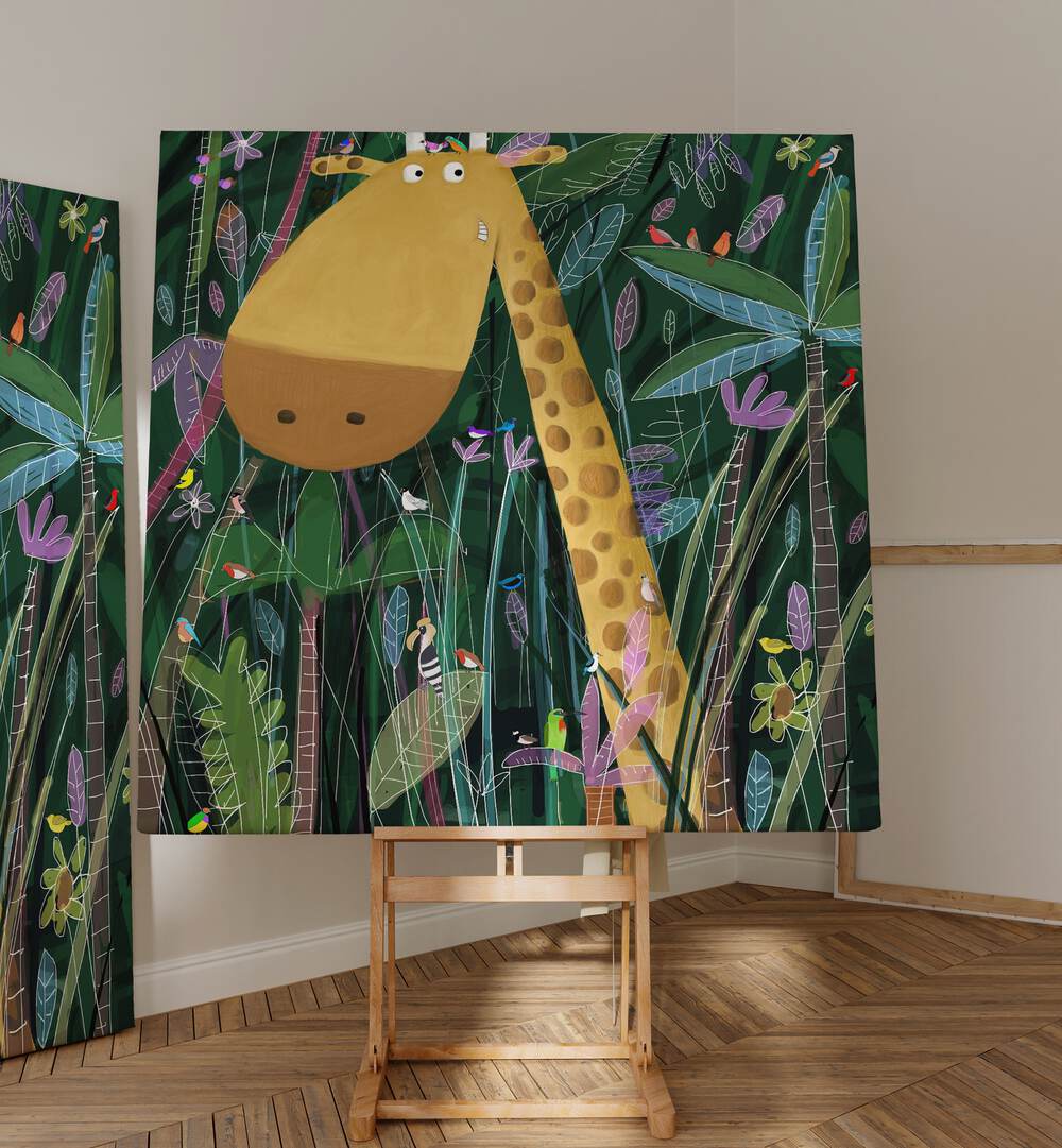 Cute Giraffe Peeks Out Of The Jungle By Carla Daly Kids Paintings placed on a wall