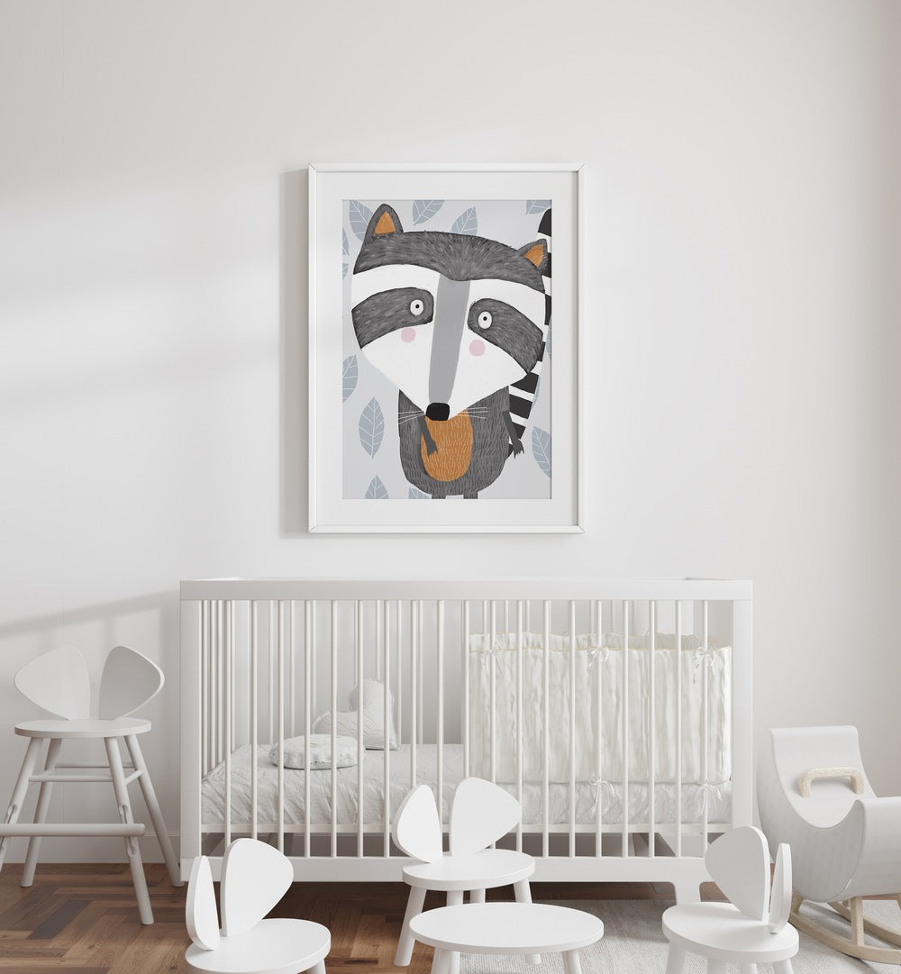 Cute Raccoon With Grey Leaf Pattern By Carla Daly Kids Painting Placed on wall