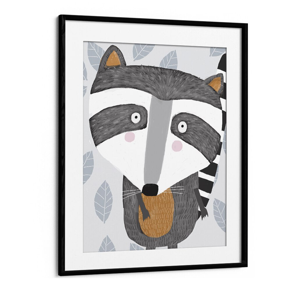 Cute Raccoon With Grey Leaf Pattern By Carla Daly Kids Painting in Black Frame With Mount