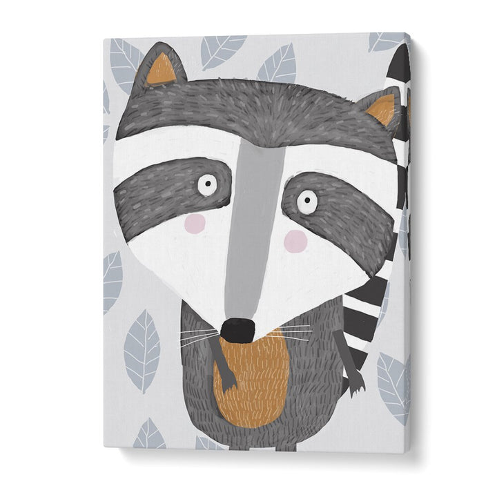 Cute Raccoon With Grey Leaf Pattern By Carla Daly Kids Painting in Gallery Wrap