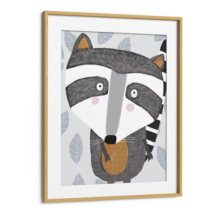 Cute Raccoon With Grey Leaf Pattern By Carla Daly Kids Painting in Oak Wood Frame With Mount