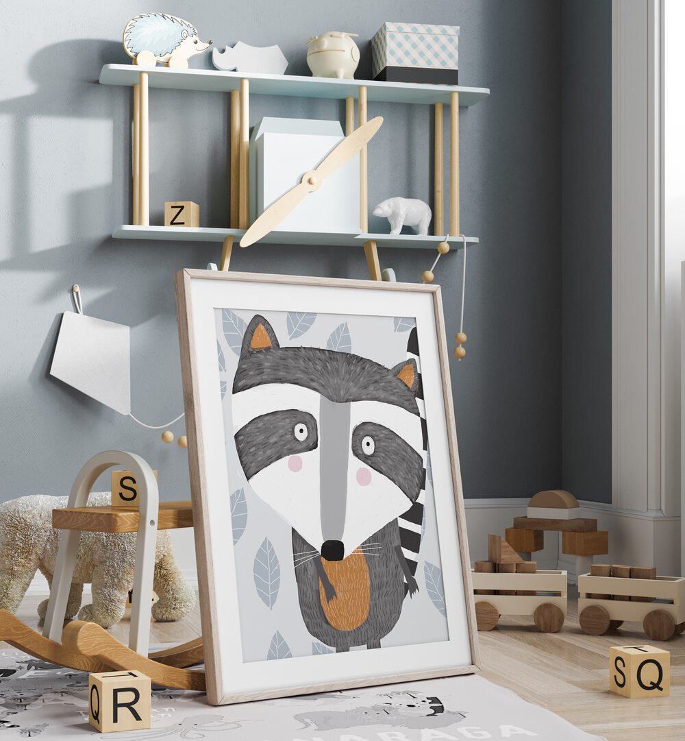 Cute Raccoon With Grey Leaf Pattern By Carla Daly Kids Painting Placed on wall