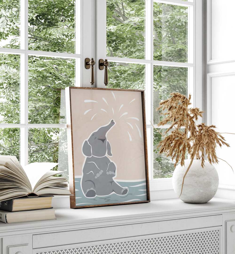 Cute Scandi Elephant Childrens Art By Sarah Manovski Wildlife Art Print placed on wall 