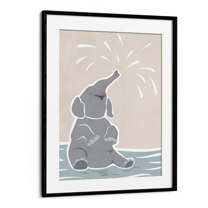 Cute Scandi Elephant Childrens Art By Sarah Manovski Wildlife Art Print in Black Frame With Mount