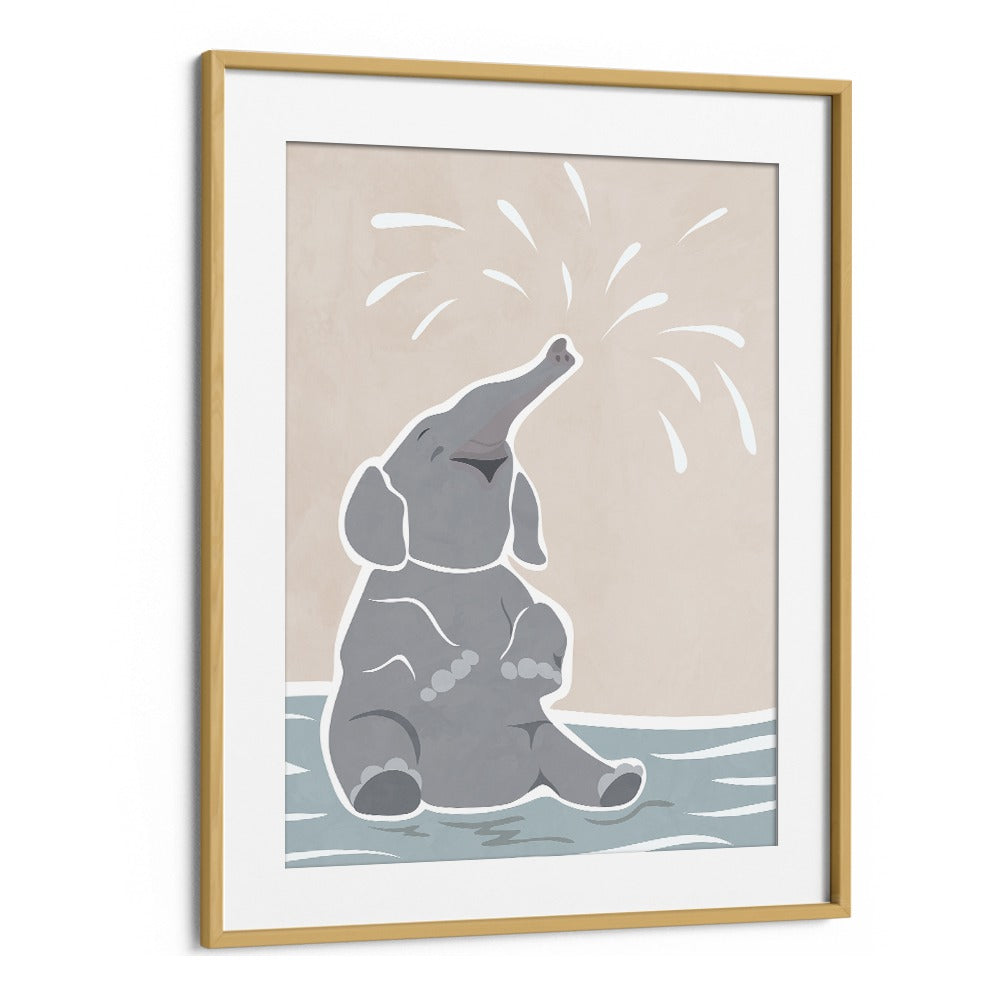 Cute Scandi Elephant Childrens Art By Sarah Manovski Wildlife Art Print in Oak Wood Frame With Mount