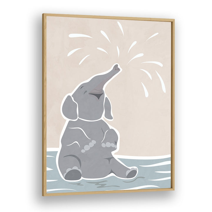 Cute Scandi Elephant Childrens Art By Sarah Manovski Wildlife Art Print in Oak Wood Plain Frame