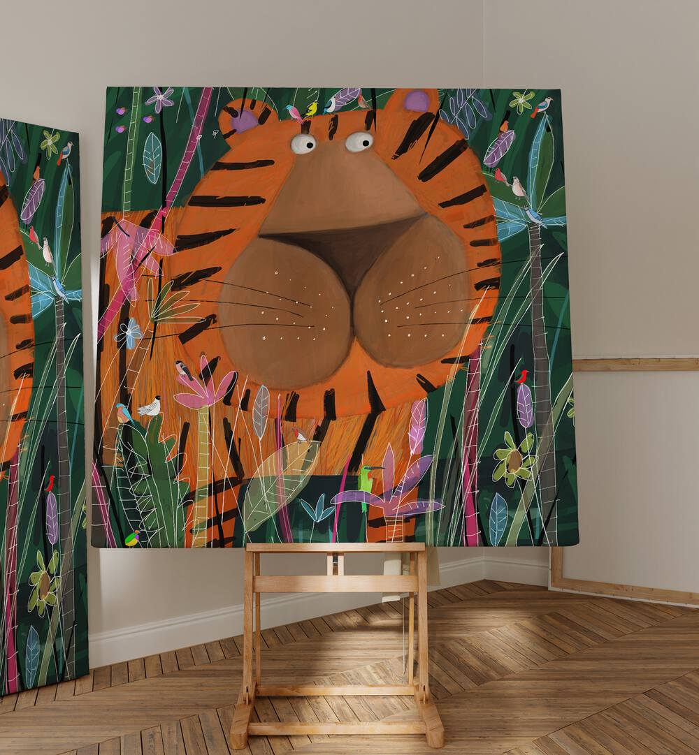 Cute Tiger Peeking Out of the Jungle By Carla Daly Kids Painting s placed on a wall