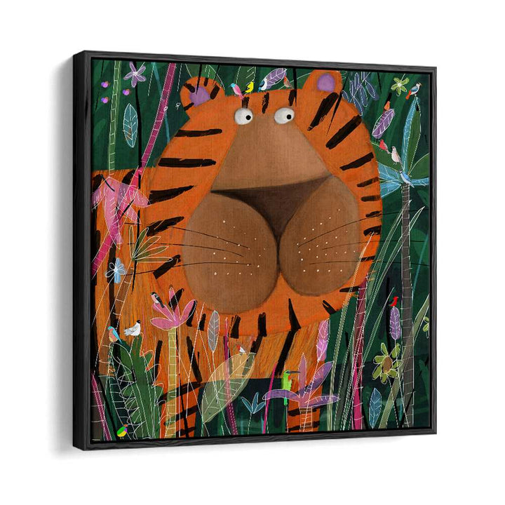 Cute Tiger Peeking Out of the Jungle By Carla Daly Kids Painting in Black Floater Frame