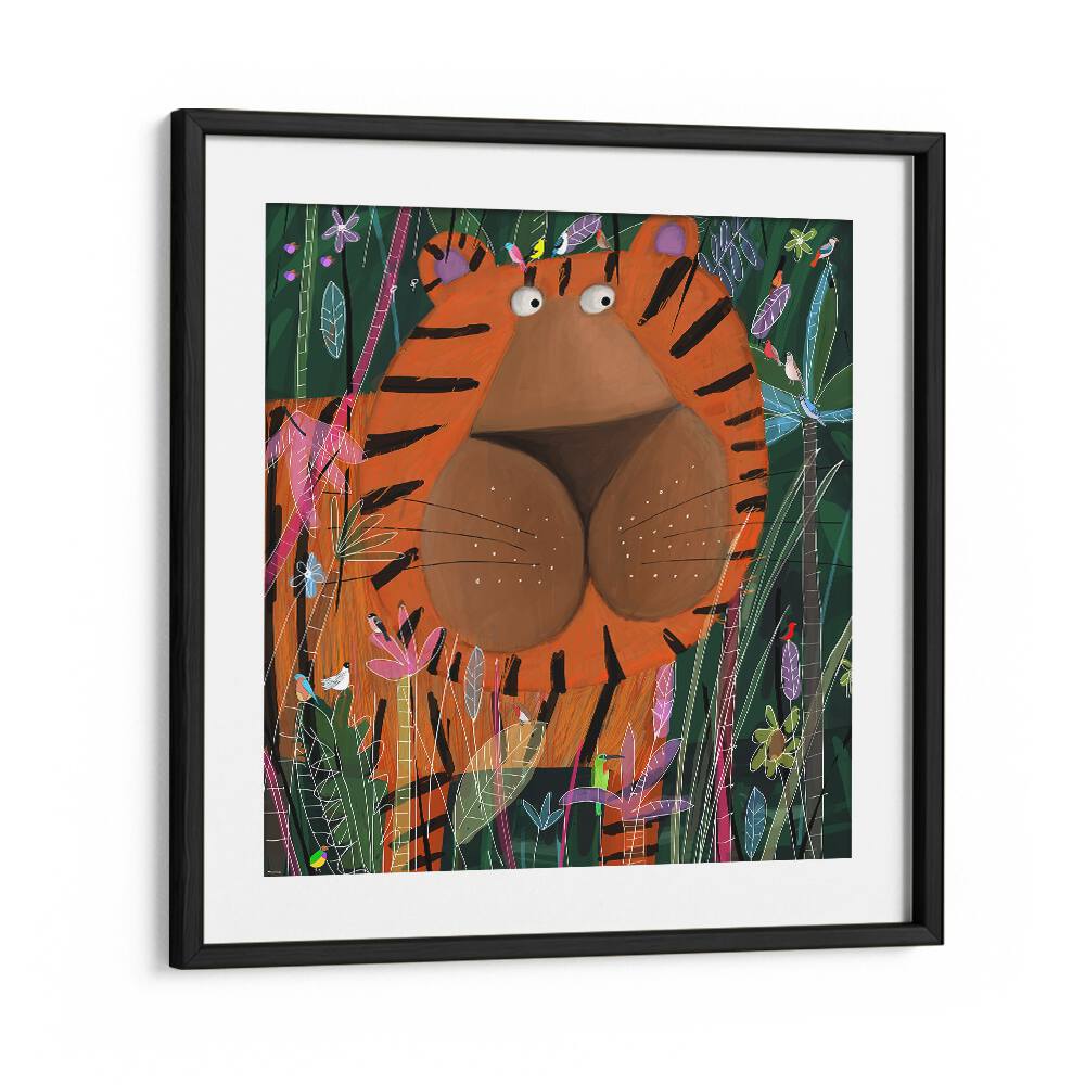 Cute Tiger Peeking Out of the Jungle By Carla Daly Kids Painting in Black Frame With Mount