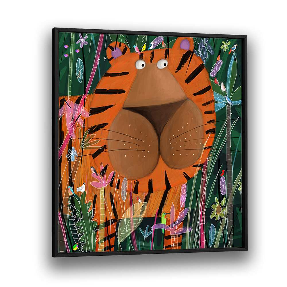 Cute Tiger Peeking Out of the Jungle By Carla Daly Kids Painting in Black Plain Frame