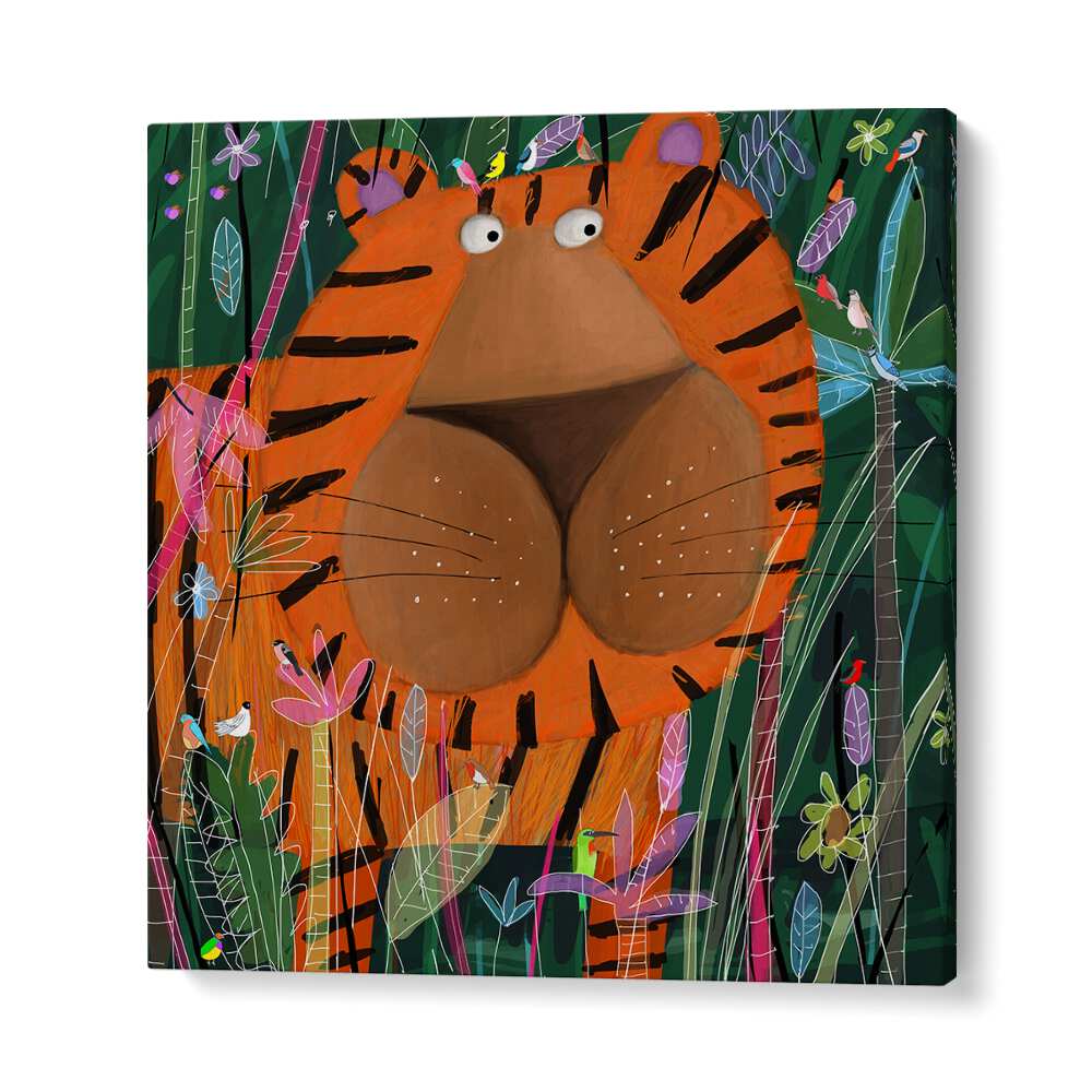 Cute Tiger Peeking Out of the Jungle By Carla Daly Kids Painting in Gallery Wrap